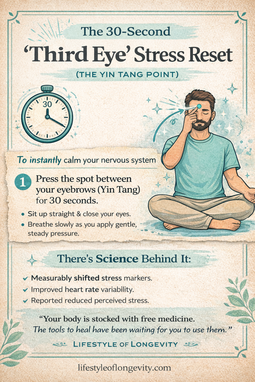 The 30-Second “Third Eye” Stress Reset (Yin Tang Point): What It Is, How to Do It, and What the Research Actually Says