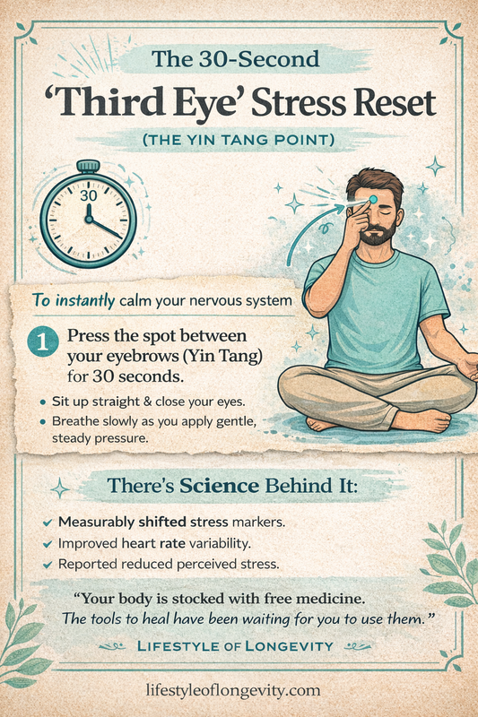 The 30-Second “Third Eye” Stress Reset (Yin Tang Point): What It Is, How to Do It, and What the Research Actually Says